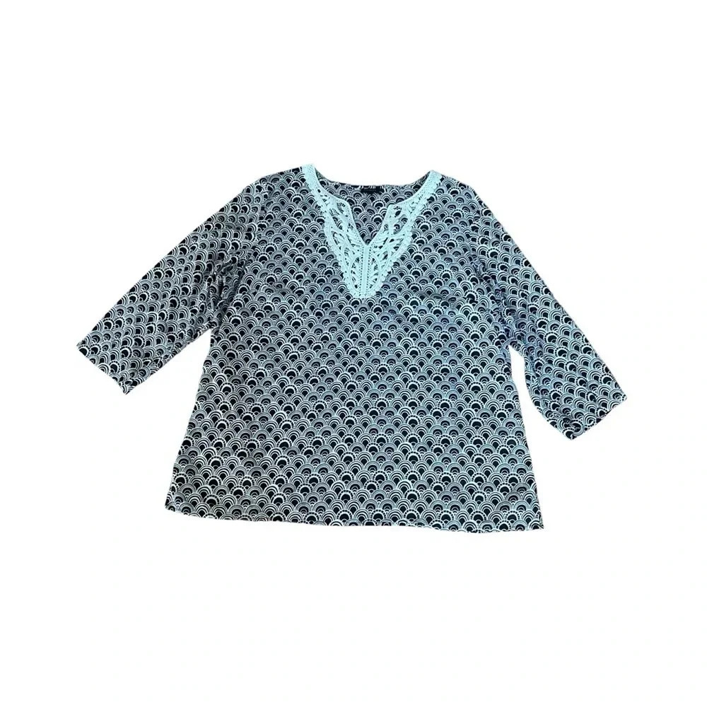 Talbots XL Cotton Tunic Top Black White Scallop Print Crochet Lace V-Neck Blouse
